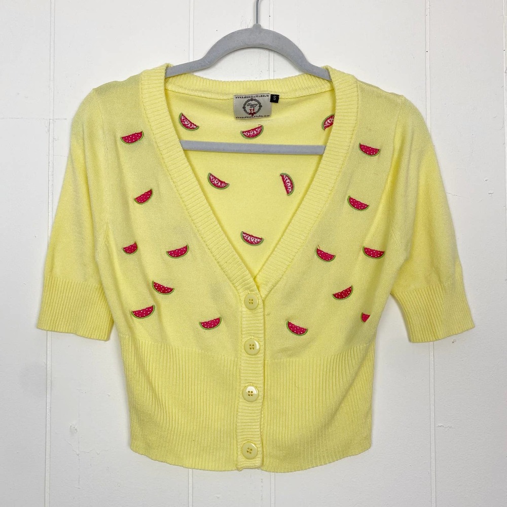 Banned Apparel Wendy Watermelon Cropped V-Neck Retro Cardigan Yellow Size Small